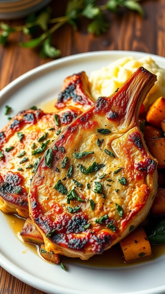 Herb-crusted pork chops served with roasted vegetables and mashed potatoes on a rustic table.